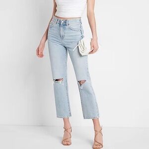 Express Women's High Waisted Light Wash Ripped Straight Ankle Jeans | Size 0